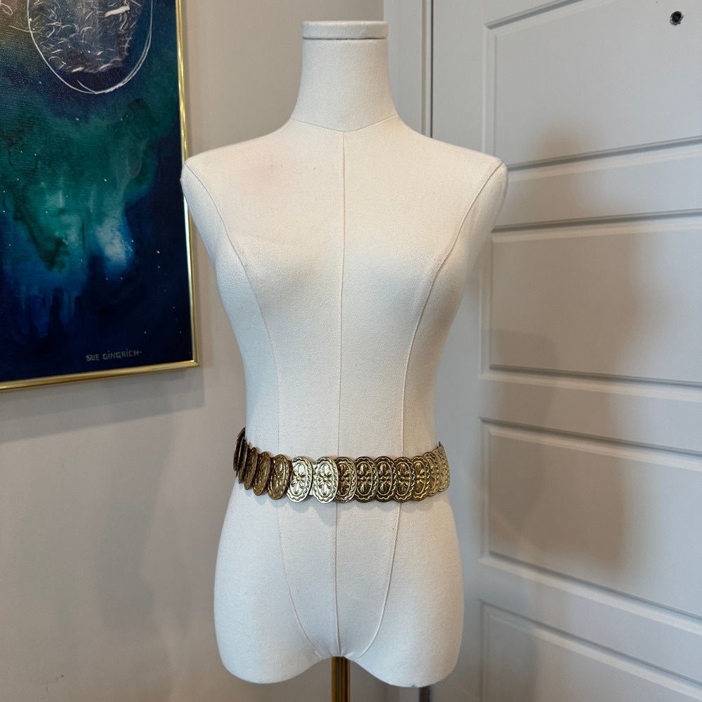 Vintage Gold Floral Medallion Stretch Belt Elastic Waist Cinch Boho Retro 24.5in